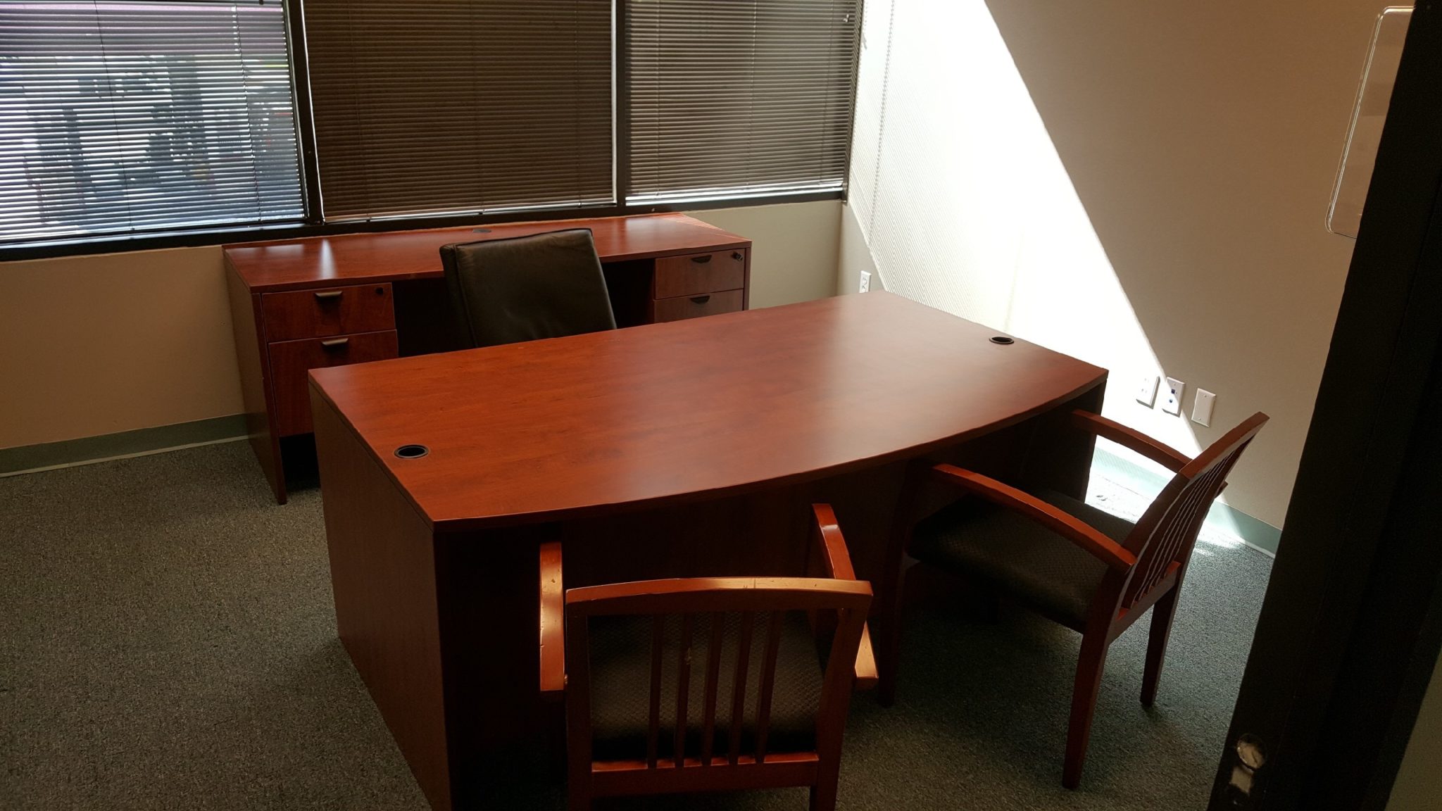 Bow Shaped Desk with Credenza Guest Chairs