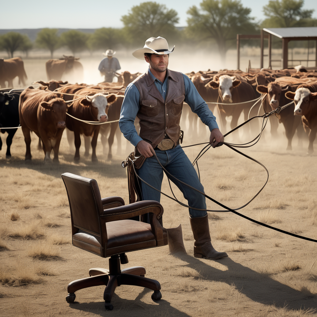 Cowboy roping an office chair with cattle in the back