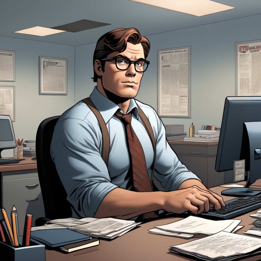 Modern hero style comic book person at the desk like clark kent. Be the Hero of your office with modern clean business furniture solutions