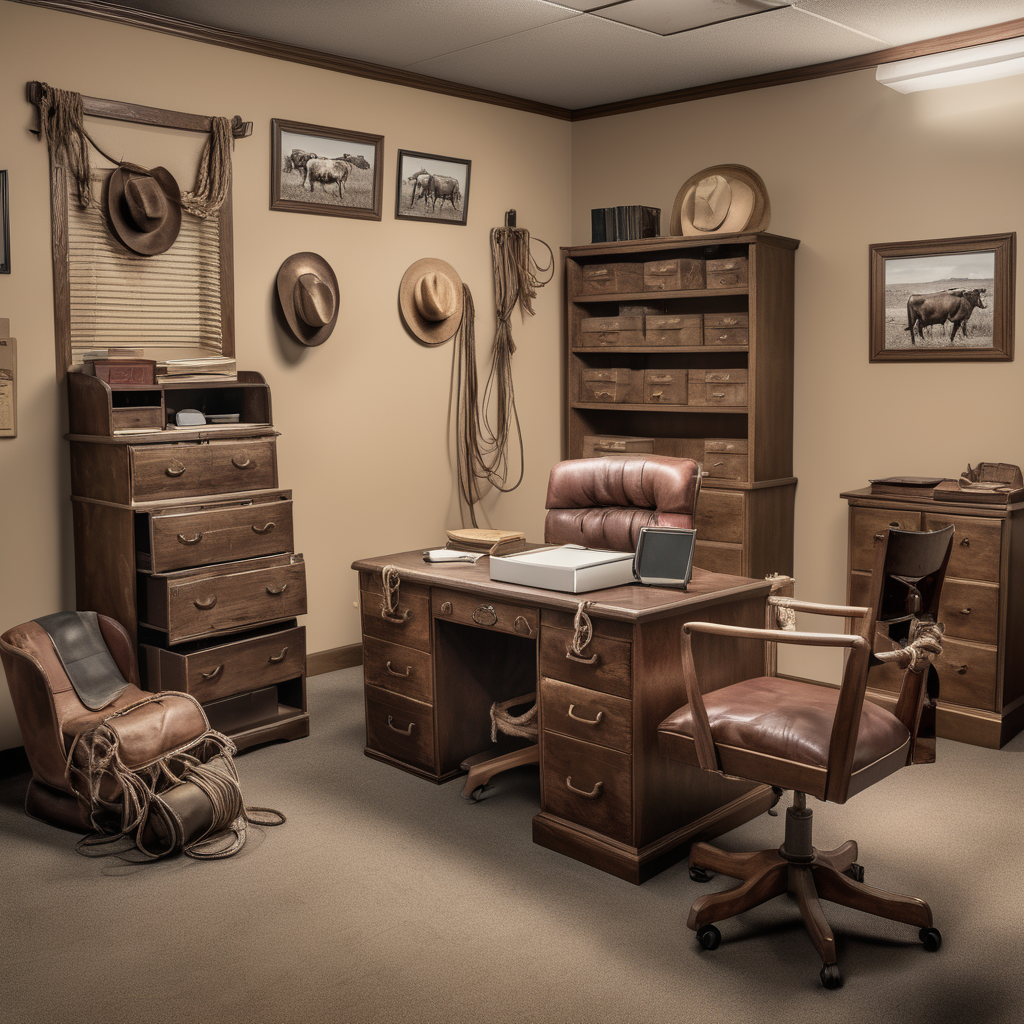 A very cowboy Texas office Furniture Design AI created, Leather chairs, desk and cowboy hats on each wall.